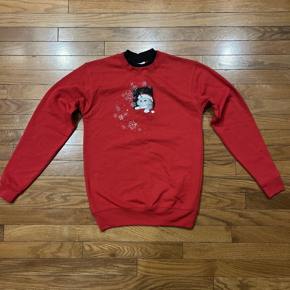 Vintage Cat Christmas Sweatshirt Small Red Ugly Sweater Holiday Kitten Crewneck